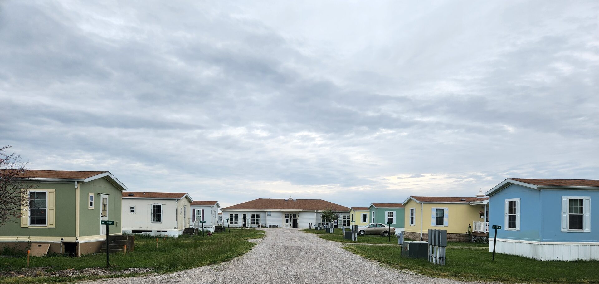 Homes along a quiet street in the Vedic Village community